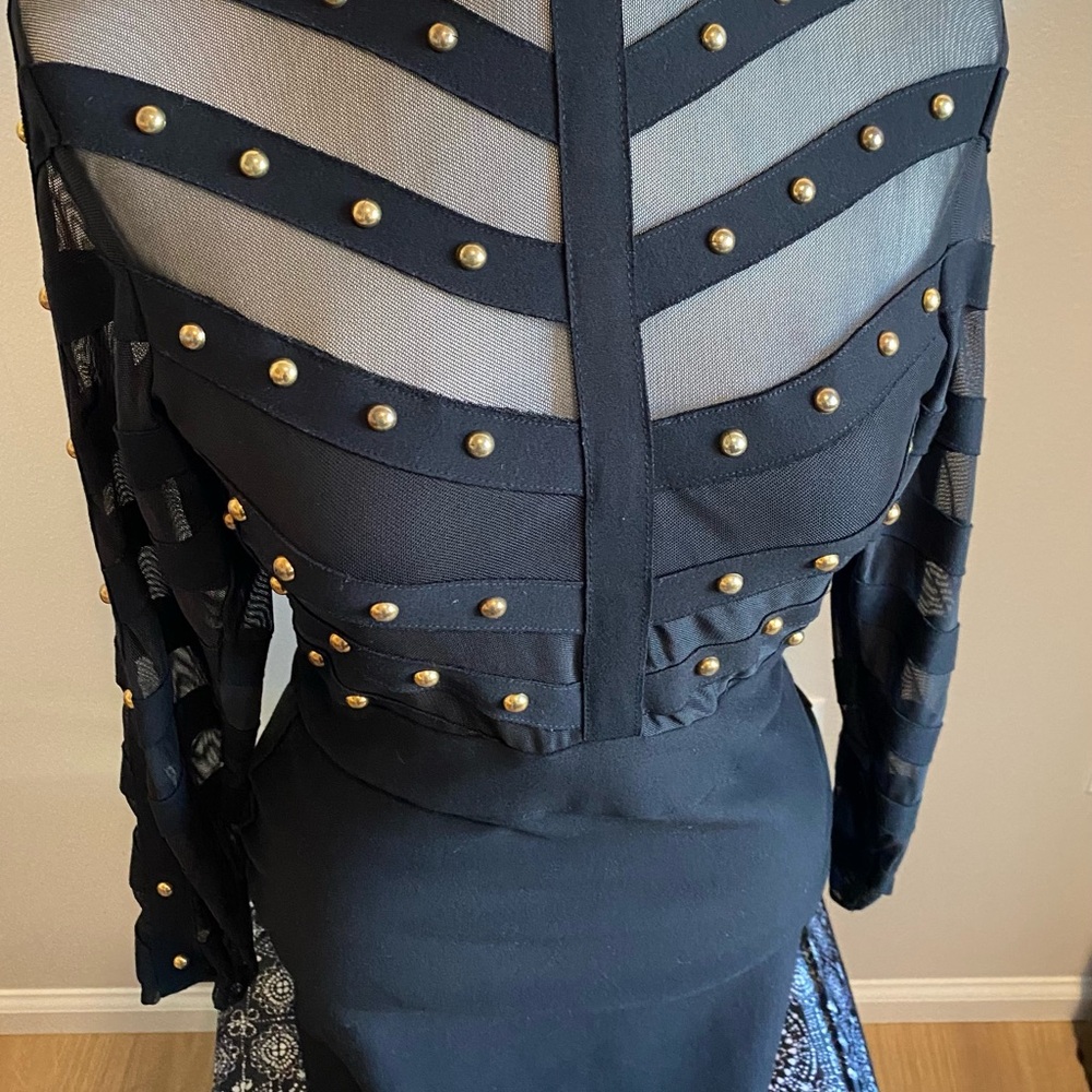 Black and Gold Embellished Bodycon Dress with Long Bishop Sleeves for Cocktail